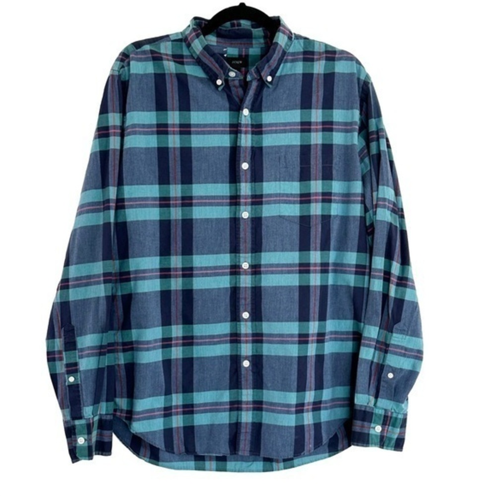 J.Crew Blue Green Plaid Men’s Classic Casual Button Down Cotton Shirt Size Large